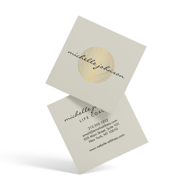 Elegant Gold Leaf Logo on Tan Square Business Card (Creator Uploaded)