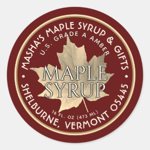 Elegant Gold Leaf Maple Syrup Sticker Red