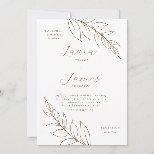 Elegant Gold Leaf Modern Wedding Invitation (Front)