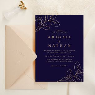 Elegant Gold Leaf & Navy Blue Wedding Invitation