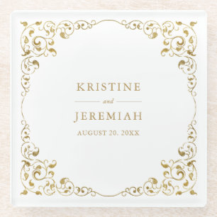 Elegant Gold Leaf on White Wedding Glass Coaster