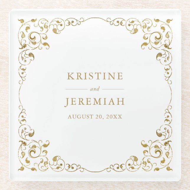Elegant Gold Leaf on White Wedding Glass Coaster (Front)