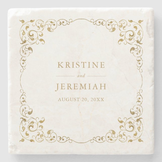 Elegant Gold Leaf Personalised Wedding Stone Coaster (Front)