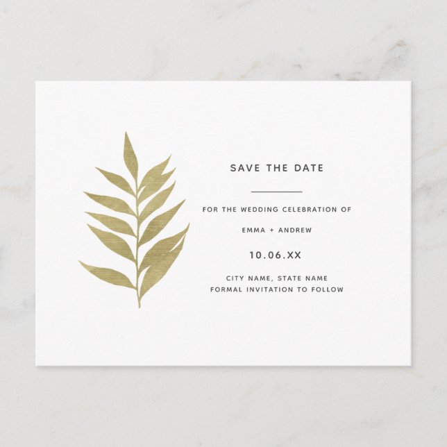 Elegant Gold Leaf Save the Date Invitation Postcard (Front)
