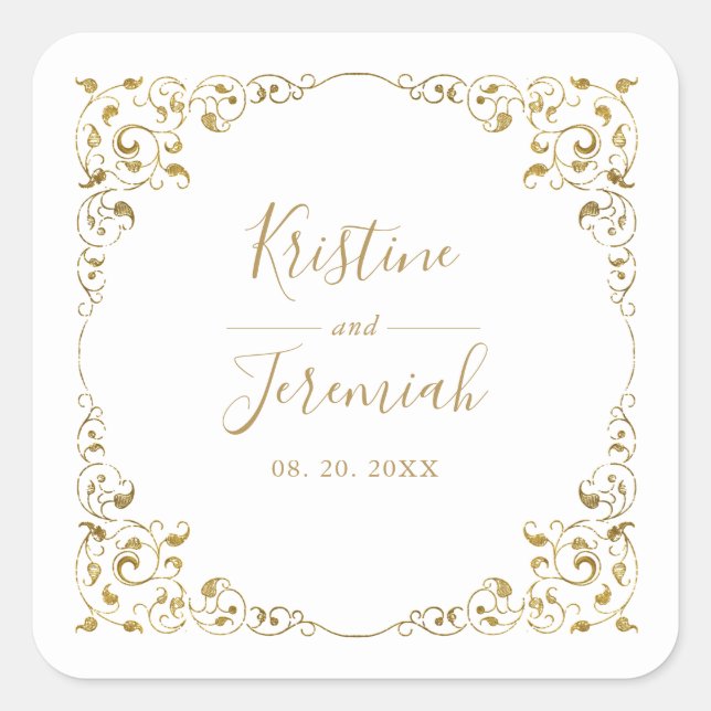 Elegant Gold Leaf Script Name Wedding Square Sticker (Front)