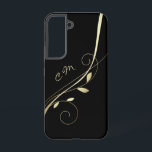 Elegant Gold Leaf Swirl Black Monogram Samsung Galaxy Case<br><div class="desc">Here's an elegant phone case that features a modern gold leaf swirl against a dramatic black background. Your two letter monogram is at the left side in matching pale gold.</div>