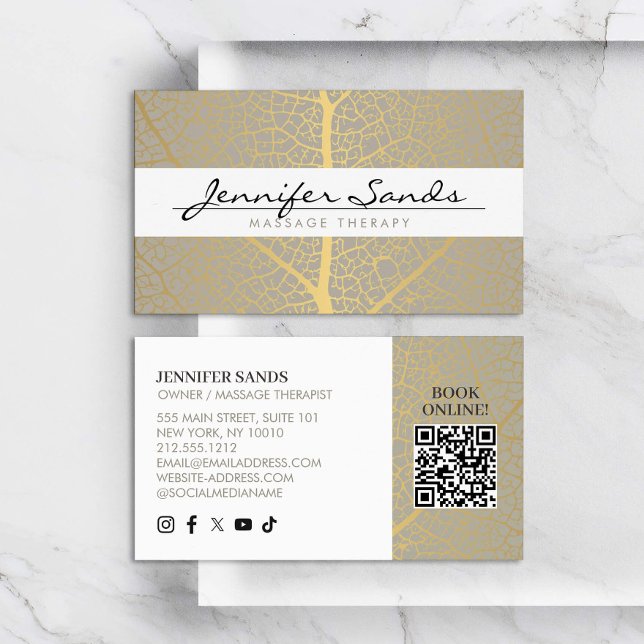 Elegant Gold Leaf Tree Pattern QR Code Business Card (Creator Uploaded)