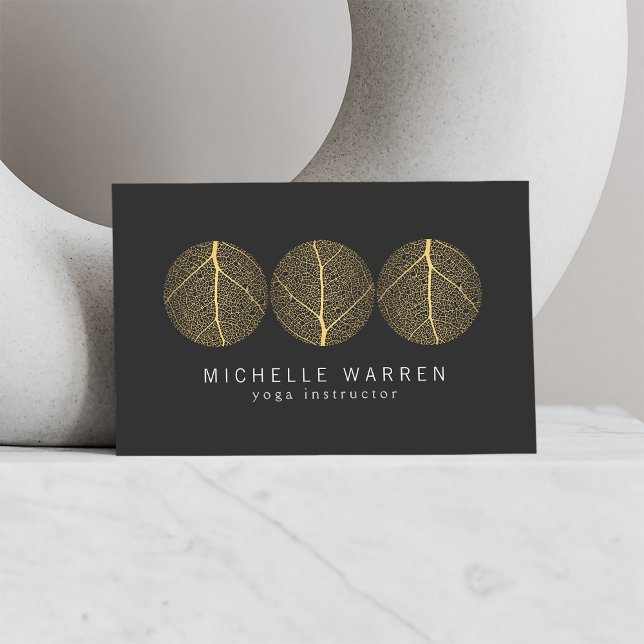 Elegant Gold Leaf Trio Logo on Dark Grey Business Card (Creator Uploaded)