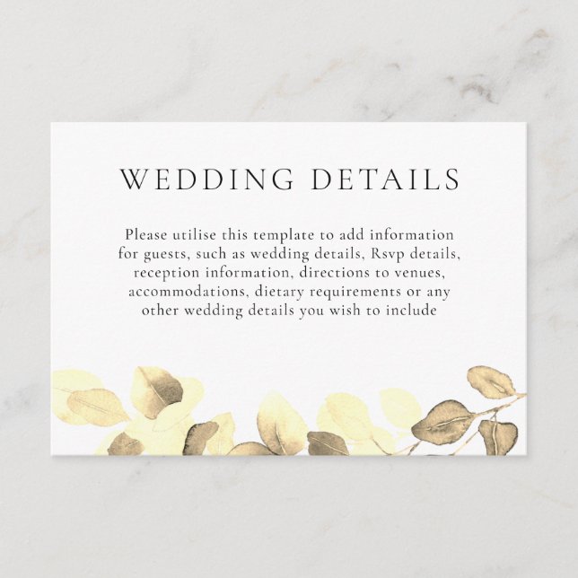  Elegant Gold Leaf Wedding Details Reception Enclosure Card (Front)