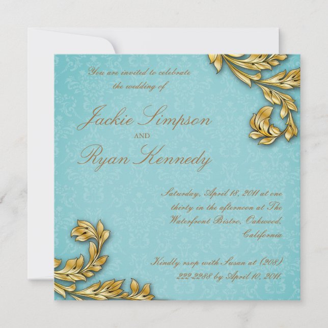 Elegant Gold Leaf Wedding Invite Floral Blue (Front)