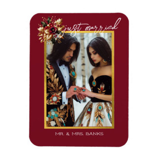 Elegant Gold Leaf Wedding Photo Just Married Magnet