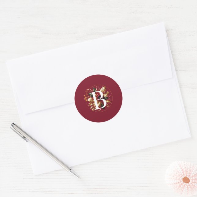 Elegant Gold Leaf Winter Wedding Monogram Classic Round Sticker (Envelope)