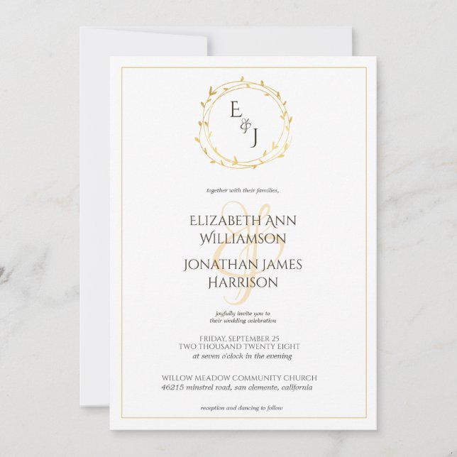 Elegant Gold Leaf Wreath Monogram Wedding Invitation (Front)