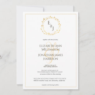 Elegant Gold Leaf Wreath Monogram Wedding Invitation