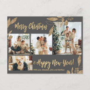 Elegant Gold Leafy 4 Photo Collage Christmas Postc Postcard
