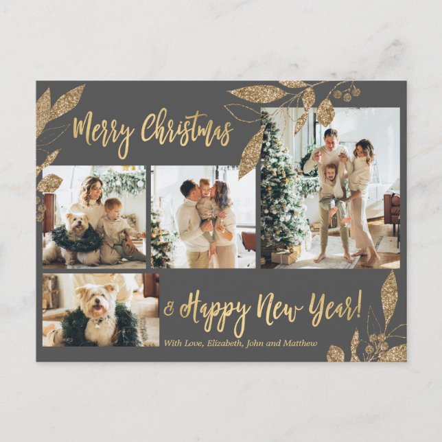 Elegant Gold Leafy 4 Photo Collage Christmas Postc Postcard (Front)