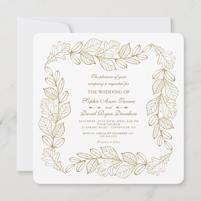 Elegant Gold Leafy Frame Wedding Invitation (Front)