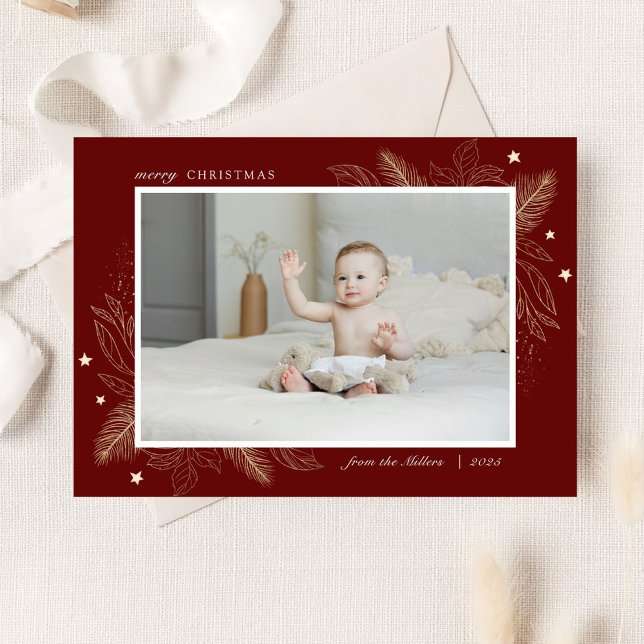 Elegant Gold Leaves 2 Photo Christmas Family Card (Creator Uploaded)