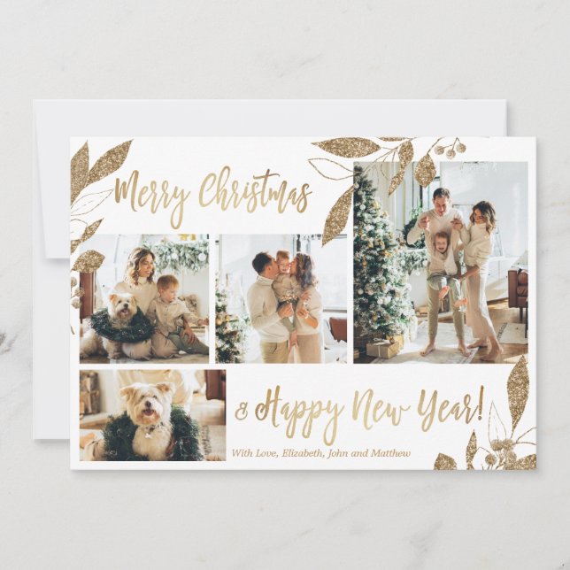 Elegant Gold Leaves 4 Photo Collage Christmas Card (Front)