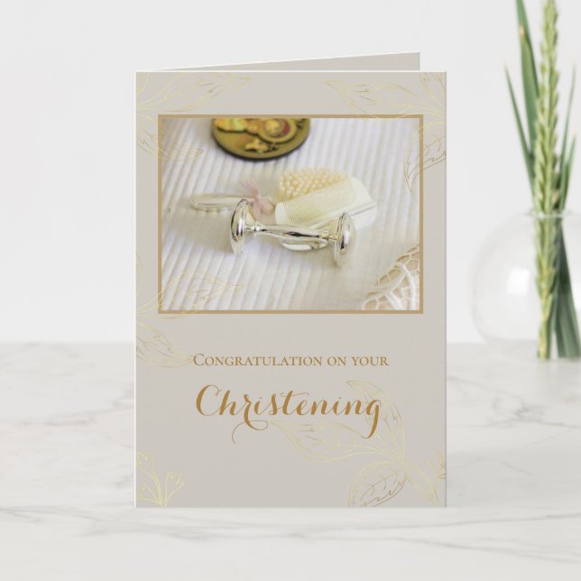 Elegant Gold Leaves Baptism/Christening Photo Card (Front)