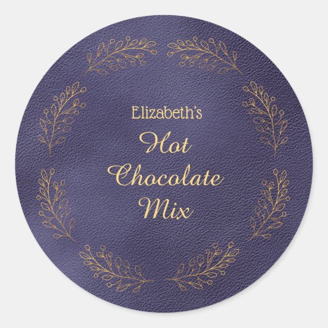 Elegant Gold Leaves Blue Christmas Hot Cocoa Mix  Classic Round Sticker (Front)