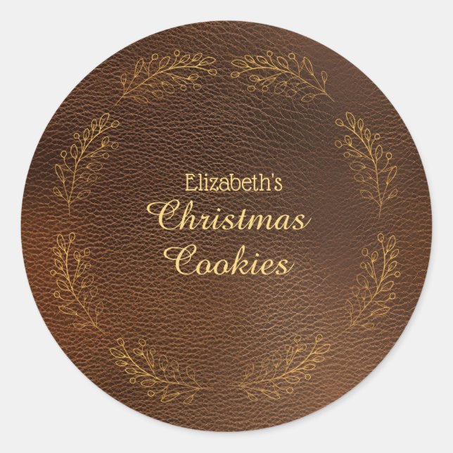 Elegant Gold Leaves Brown Christmas Cookies Classic Round Sticker (Front)