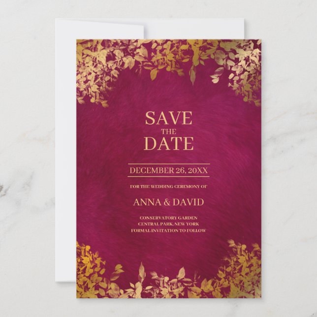 Elegant Gold Leaves Burgundy Save The Date Wedding Invitation (Front)