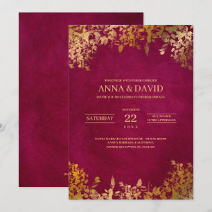 Elegant Gold Leaves Burgundy Wedding Invitation