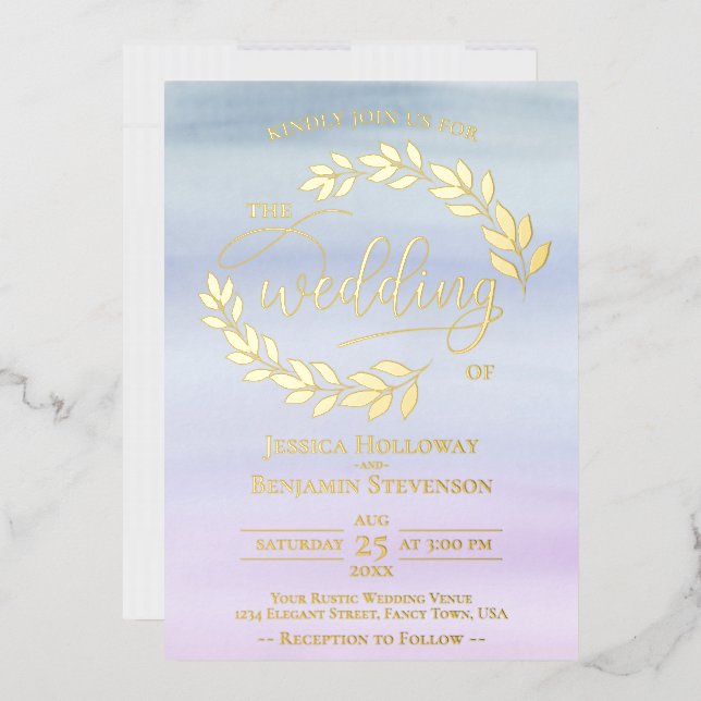 Elegant Gold Leaves on Dusty Blue & Lilac Wedding (Envelope)