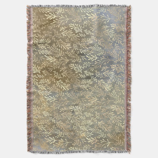 Elegant Gold Leaves Pattern Beige Blue Throw Blanket (Front Vertical)
