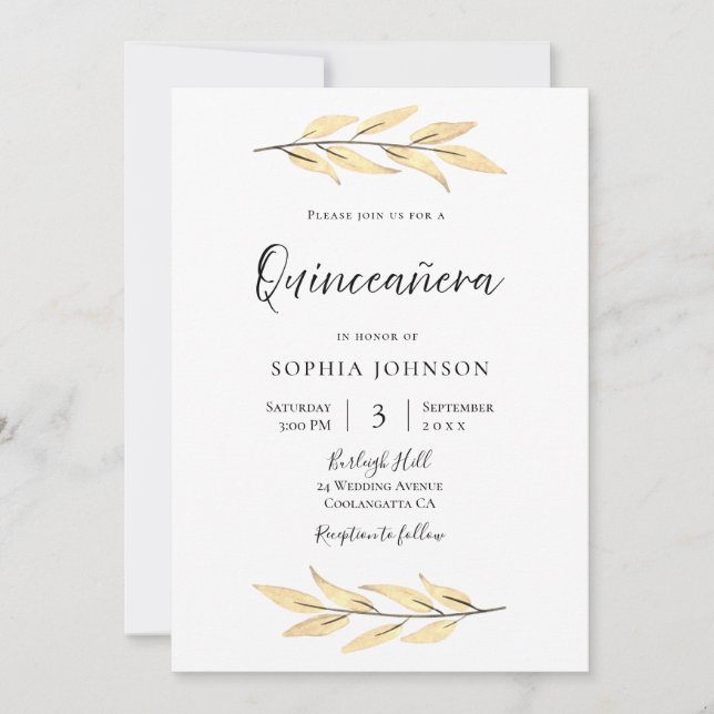 Elegant Gold Leaves Quinceanera Party Invitation (Front)