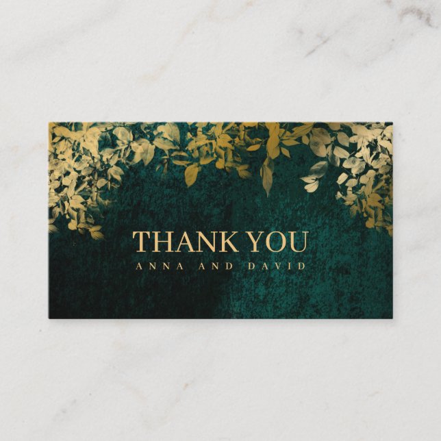 Elegant Gold Leaves Velvet Green Thankyou Card (Front)