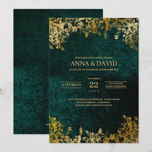 Elegant Gold Leaves Velvet Green Wedding Invitation (Front/Back)