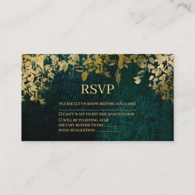 Elegant Gold Leaves Velvet Green Wedding Rsvp Card (Front)