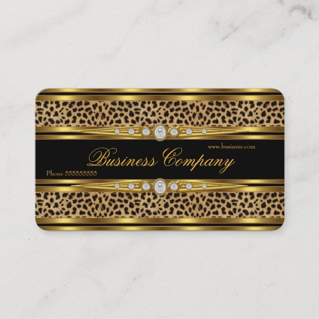 Elegant Gold Leopard Black Faux Diamond Business Card (Front)