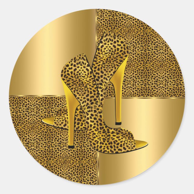 Elegant Gold Leopard High Heel Shoes Animal Classic Round Sticker (Front)