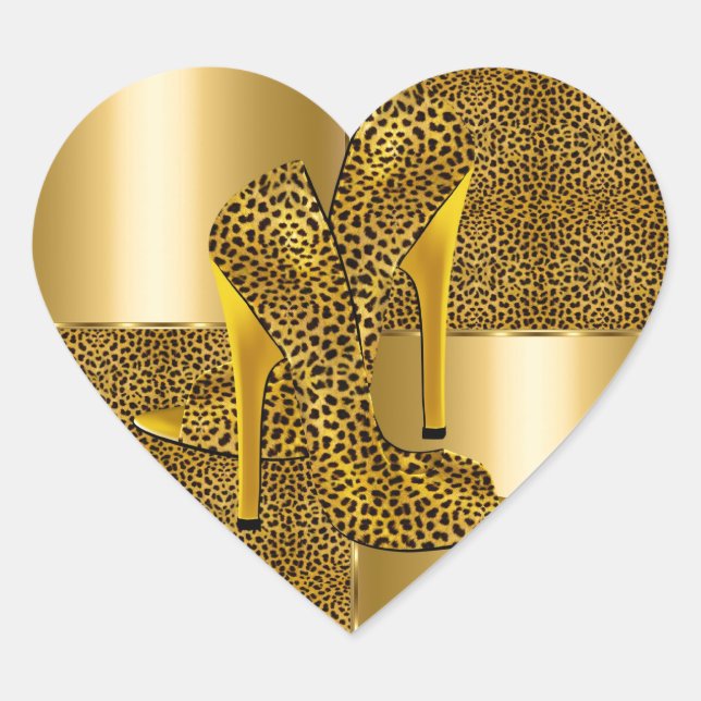 Elegant Gold Leopard High Heel Shoes Animal Heart Sticker (Front)