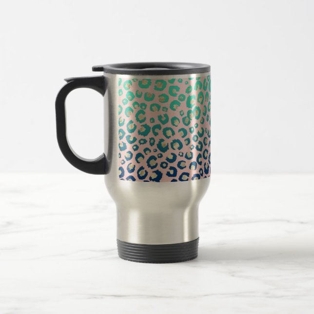 Elegant Gold leopard print Blue Mint Gradient Pink Travel Mug (Left)