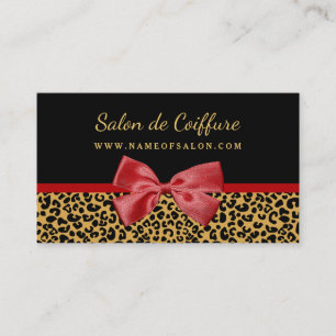 Elegant Gold Leopard Print With Red Bow Hair Salon Business Card
