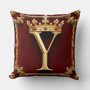 Elegant Gold Letter Crown Emblem on Velvet Frame Cushion