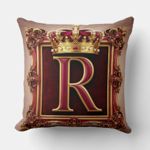 Elegant Gold Letter Crown Emblem on Velvet Frame Cushion
