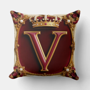 Elegant Gold Letter Crown Emblem on Velvet Frame Cushion