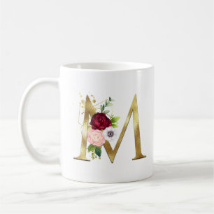 Elegant Gold Letter M Blush Burgundy Rose Monogram Coffee Mug