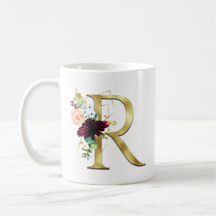Elegant Gold Letter R Blush Floral Monogram  Coffee Mug