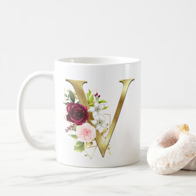 Elegant Gold Letter V Blush Floral Monogram Coffee Mug (With Donut)