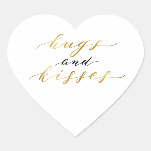 Elegant Gold Lettering Hugs and Kisses  Heart Sticker (Front)
