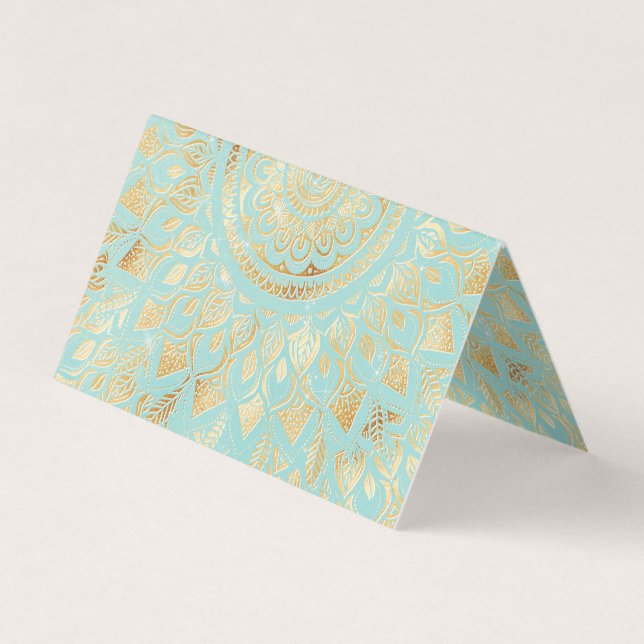 Elegant Gold Light Teal Mandala Floral Business Card (Front)