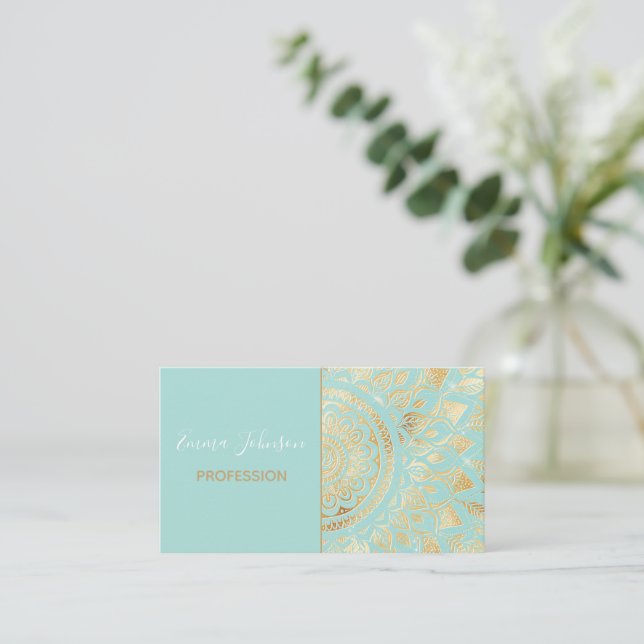 Elegant Gold Light Teal Mandala Floral Business Card (Standing Front)