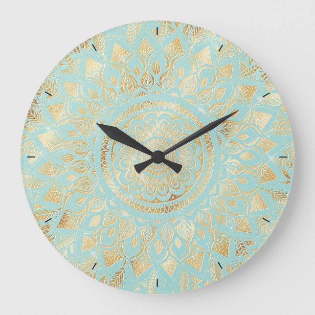 Elegant Gold Light Teal Mandala Floral Large Clock (Front)