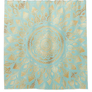Elegant Gold Light Teal Mandala Floral Shower Curtain